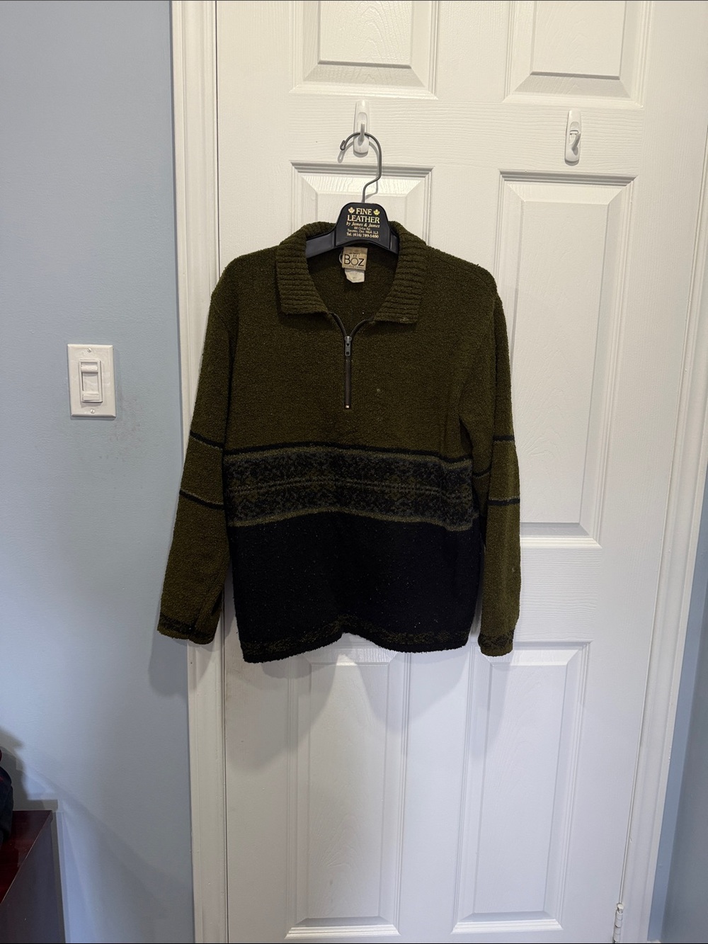 Olive Green and Black Half-Zip Knit Sweater